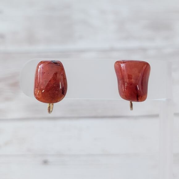 Vintage Screw Back Earrings Dark Orange Unusual 0.75" - Picture 1 of 8